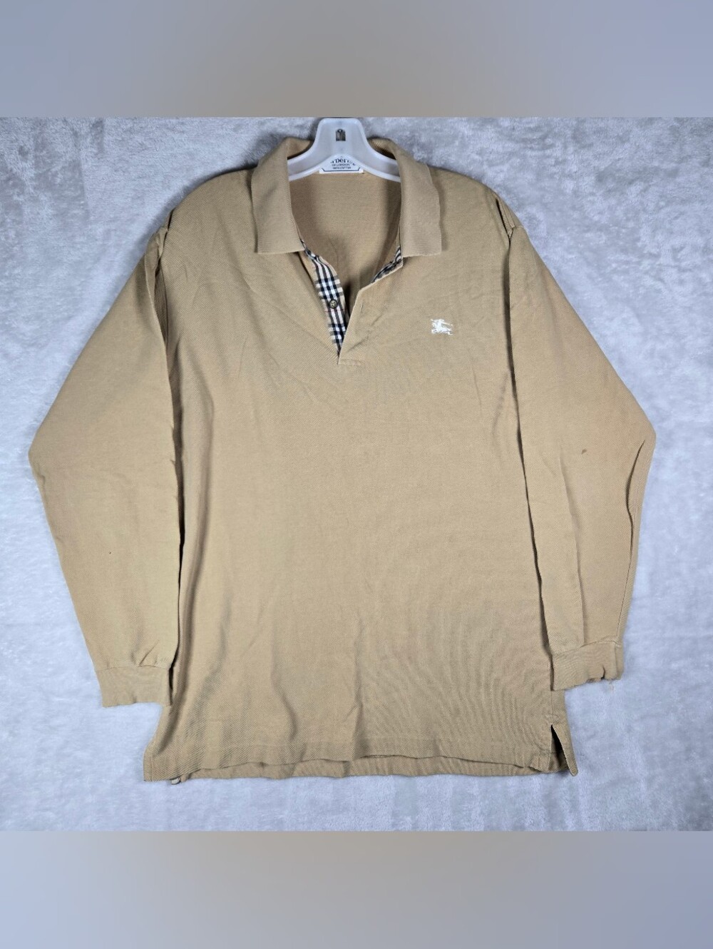 Burberry’s Of London Long Sleeve Pique Polo Men Size Large Tan Cotton Nova Check